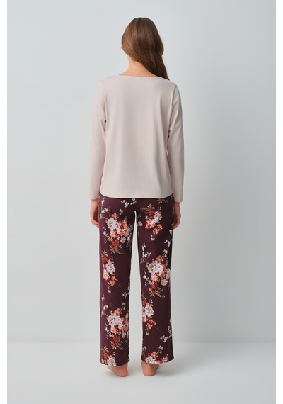Suwen Mimoza Pamuklu Pijama Takımı Wsh10510155662 Bordo
