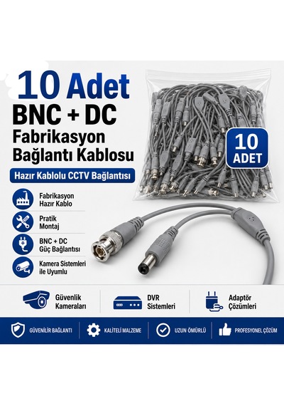 10 Adet Fabrikasyon Bnc + Dc Power Jack Kablolu Cctv Güvenlik Kamera Görüntü Ve Güç Bağlantı Kablosu