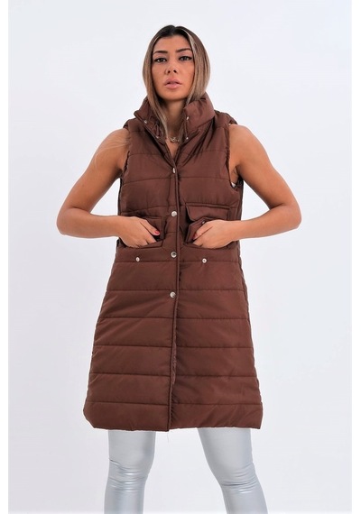 Keyifli Moda Kadın Kahverengi Dik Yaka Cep Detaylı Uzun Şişme Yelek