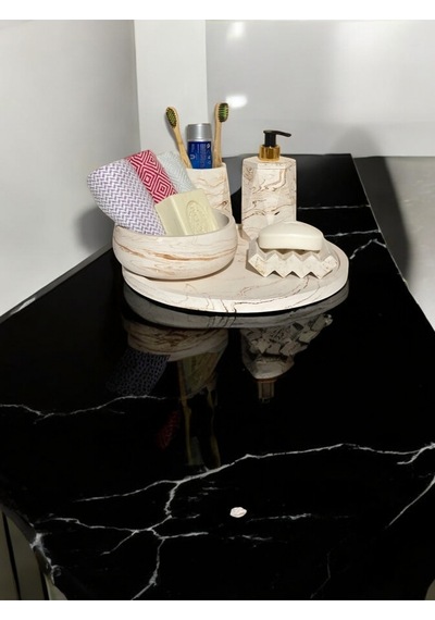 5'lı Mermer Desen Beton Banyo Seti , Sıvı Sabunluk Diş Fırçalığı Beton Aksesuar Takım,tepsi,havluluk Gri