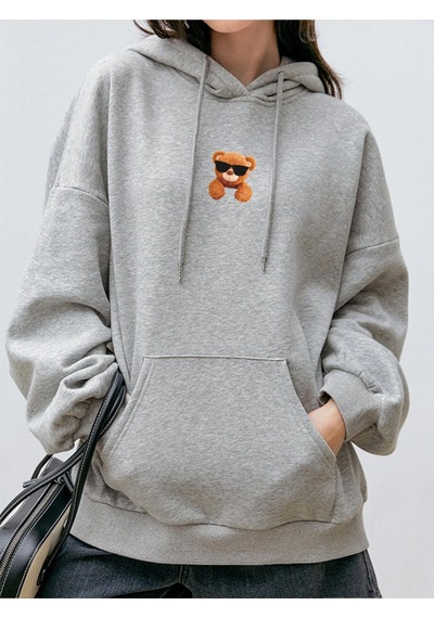 Unisex Oversize Ayıcık Baskılı Kapüşonlu Sweatshirt Gri