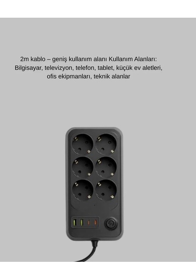 Akım Korumalı 6 Lı Priz 2xusb 2xtype-c Çıkış Yüksek Gerilim Koruma Çoklu Priz Çoğaltıcı 0 - 2 M