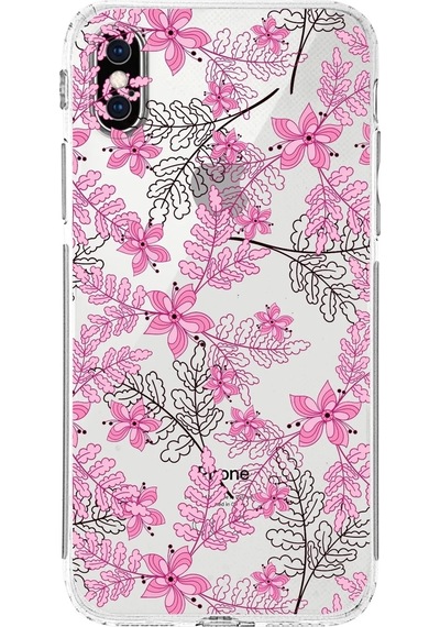 Apple Uyumlu iPhone Xs Maxkamera Korumalı Kapak Floral Pembe Tasarımlı Şeffaf Kılıf