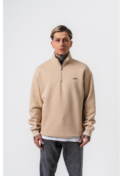 Erkek Respire Yazı Detaylı Yarım Fermuarlı Basic Sweatshirt Bej