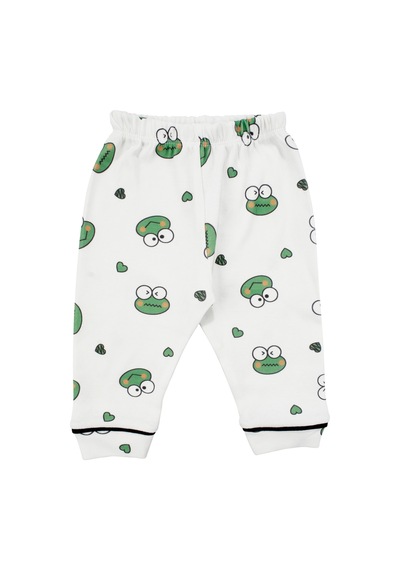 Bebegen Unisex Ekru Yeşil Kurbağa Desenli Kruvaze Yaka Pijama Takımı Çok Renkli