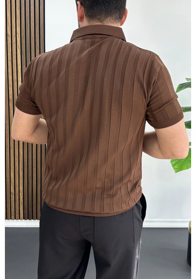 Erkek Açık Yaka Desenli Tişört Kahverengi Edw453 Kahverengi