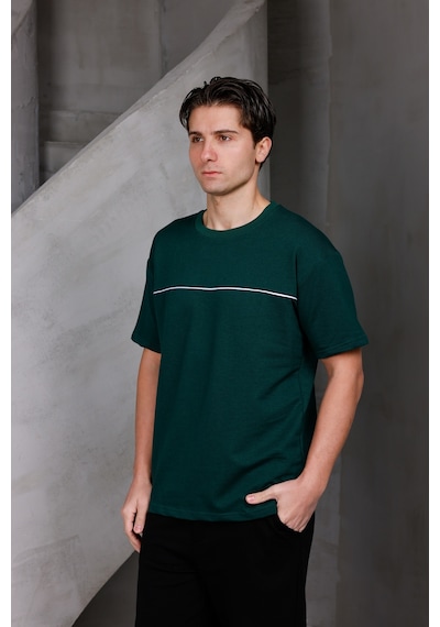 Erkek Garnili Şeritli Oversize Bisiklet Yaka 2 İki İplik Kompakt T-shirt Nefti