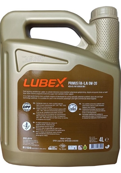 Lubex Primus 0W-20 Fa-La Dpf Partiküllü Tam Sentetik Motor Yağı 4 x 4 L