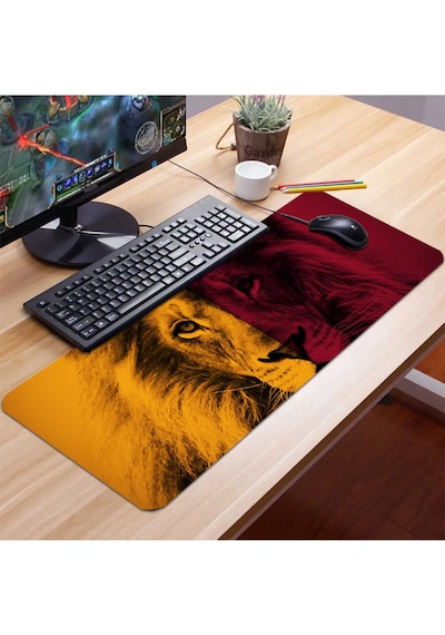 Sonictouch Sarı Kırmızı Aslan Temalı Kaymaz Gaming Oyuncu Masaüstü Dikişsiz Klavye Mouse Pad 32x70cm