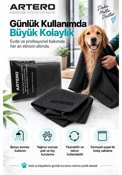 Artero Samba Hızlı Kuruyan Evcil Hayvan Kedi Köpek Havlusu Islak Kullanım Karbonlu 80x30 Cm