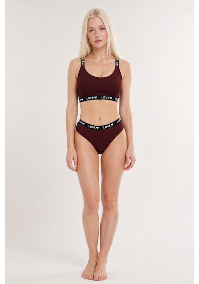 Pijamask Kadın Bordo Fitilli Love Askılı Bralet Slip Külot İç Giyim Takımı Bordo