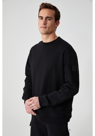 Grimelange OLLIE Erkek Bisiklet Yaka Regular Uzun Kollu Nakış Detaylı Siyah Sweatshirt