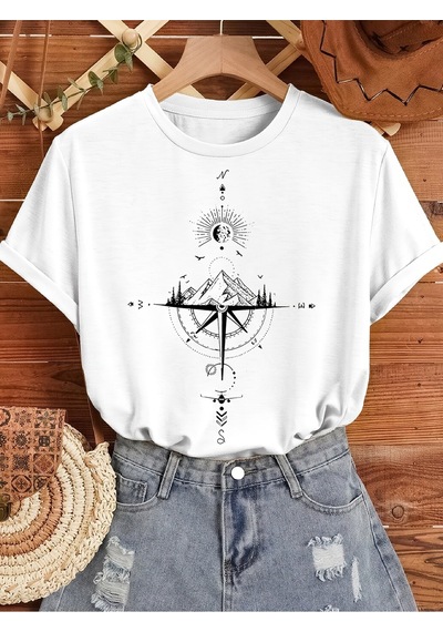 Uyguntarz Unisex Pusula Baskılı Tasarım Tshirt Beyaz