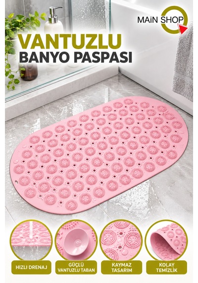 Kaydırmaz Duşakabin Banyo Ve Duş Paspası Masajlı Vantuzla Yapışır 37 X 69 Cm M-142 Pembe