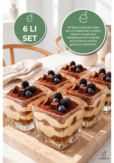 6 Lı Cam Magnolia Kasesi Kare Tatlı Sunum Kasesi Tiramisu Çerezlik Reçellik 400 Cc Şeffaf