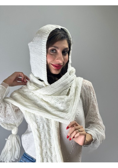 Gönülden Tasarım Triko Örgü Düğmeli Kadın Kapişonlu Şal Boyunluk 200x40 Cm Renkli