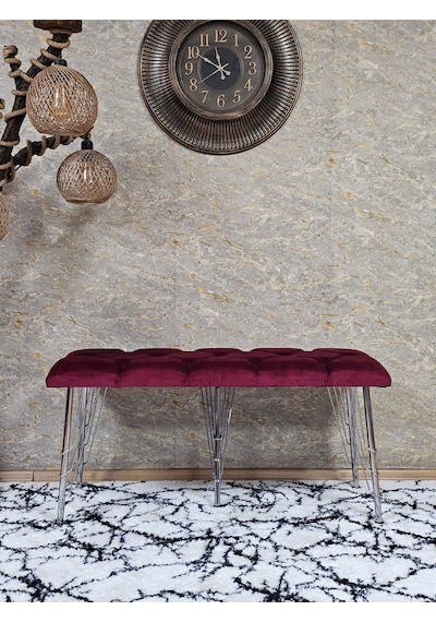 Zafir Metal Krom Tel Ayaklı 100 Cm Puf Bench - Puf - Bench - Oturak - Mutfak Oturağı - Antre Oturağı Bordo