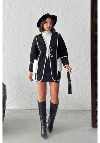 Verymoda Peluş Cep Detaylı Kapitone Ceket Siyah