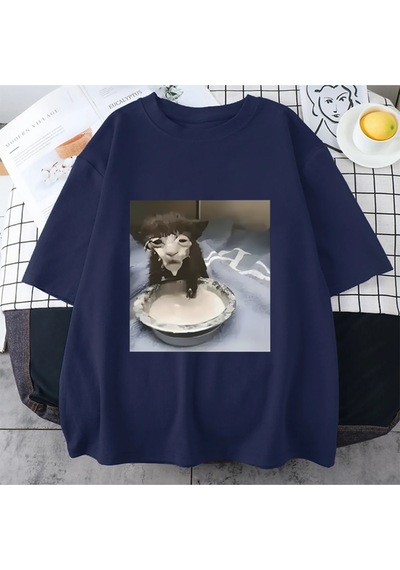 Flood Of Style Süt Yüz Kedi Meme Baskı T Shirt Garip Mizah Komik Kedi Grafik T-shirt Erkek Kadın Hip Hop Pam Lacivert