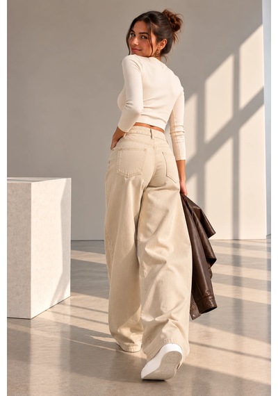 Bb Butik Basic Yüksek Bel Baggy Palazzo Pantolon Dm3535 Bej