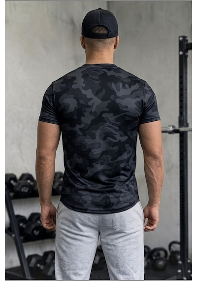 Serablanka Erkek Nem Emici Hızlı Kuruma Atletik Teknik Kamuflaj Desenli Spor T-shirt Siyah