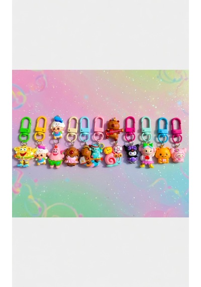 Sevimli Kawaii Anahtarlık Seti 100'lü Karışık Karakter & Hayvan Figürlü Çanta Süsü + Fermuar Süsü Çok Renkli