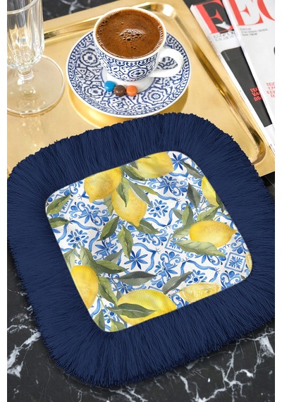 Akdeniz Esintili Limon Mavi Saçaklı Sunum Peçetesi - Seramik Motifli Lacivert Bardak Altlığı Mendil Çok Renkli