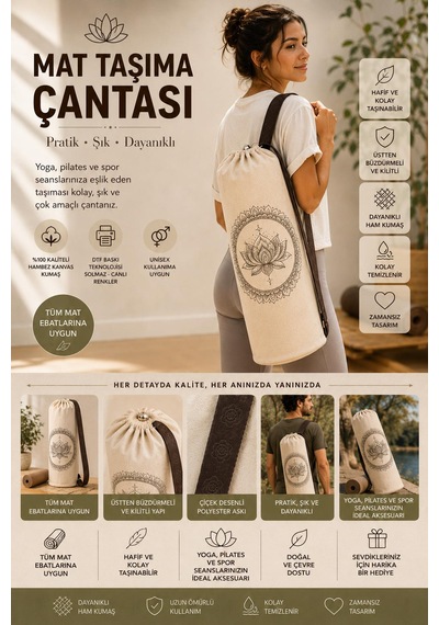 Yoga Mat Taşıma Çantası Hayat Ağacı Lotus Namaste Desenli Hambez Kanvas 70x21 Cm Açık Kahverengi