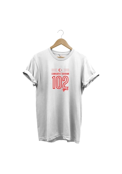 102. Yıl 29 Ekim Cumhuriyet Bayramı Baskılı Ay Yıldız %100 Pamuk Regular Fit Unisex T-shirt Beyaz