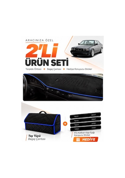 Bmw E34 1988-1996 Uyumlu Torpido Örtüsü + Tay Tüyü Bagaj Çantası + Sticker Seti - Siyah Mavi