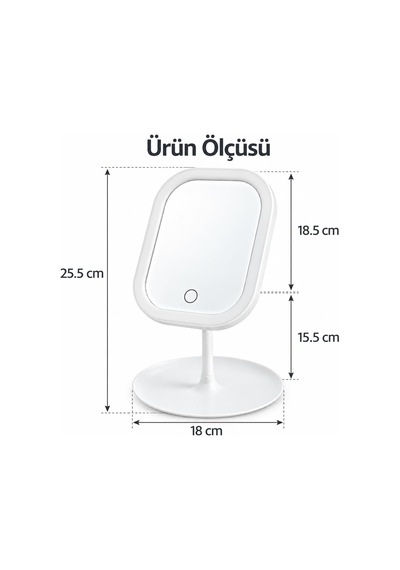 Led Işıklı Masaüstü Ayna, Dokunmatik Kontrol, Tepsili Taban, Kozmetik Model, Makyaj Aynası Beyaz, Dikdörtgen Genel