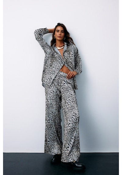 Sateen Yüksek Bel Saten Leopar Pantolon - Ekru-135186 Ekru