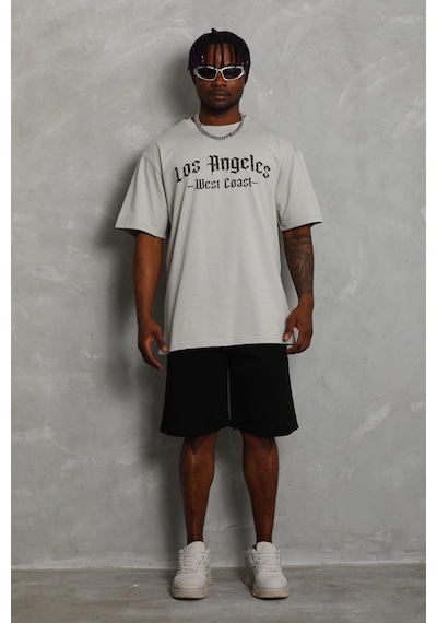 Barlashive Erkek Baskılı Tişört Kısa Kol Bisiklet Yaka Oversize T-shirt - Gri Çok Renkli