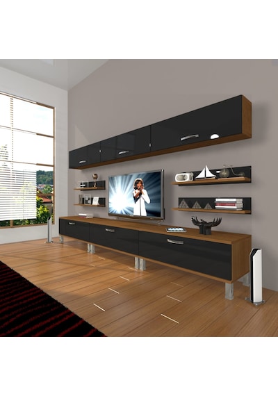 Decoraktiv Eko 8y Slm Krom Ayaklı Tv Ünitesi Tv Sehpası Ceviz - Siyah