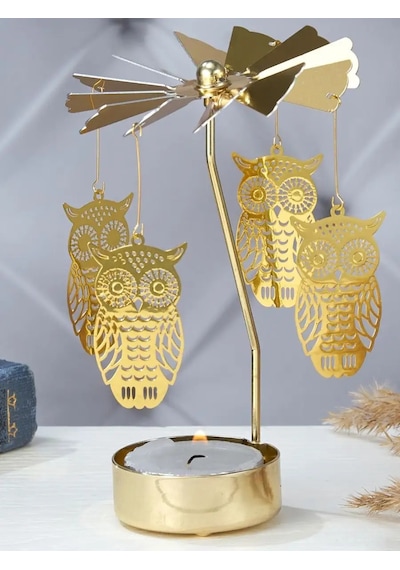 Altın Renkli Isı İle Dönen Baykuş Tasarımlı Dekoratif Metal Mumluk Gold