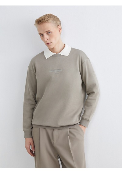 Lcw Vision Bej Bisiklet Yaka Baskılı Erkek Kalın Sweatshirt