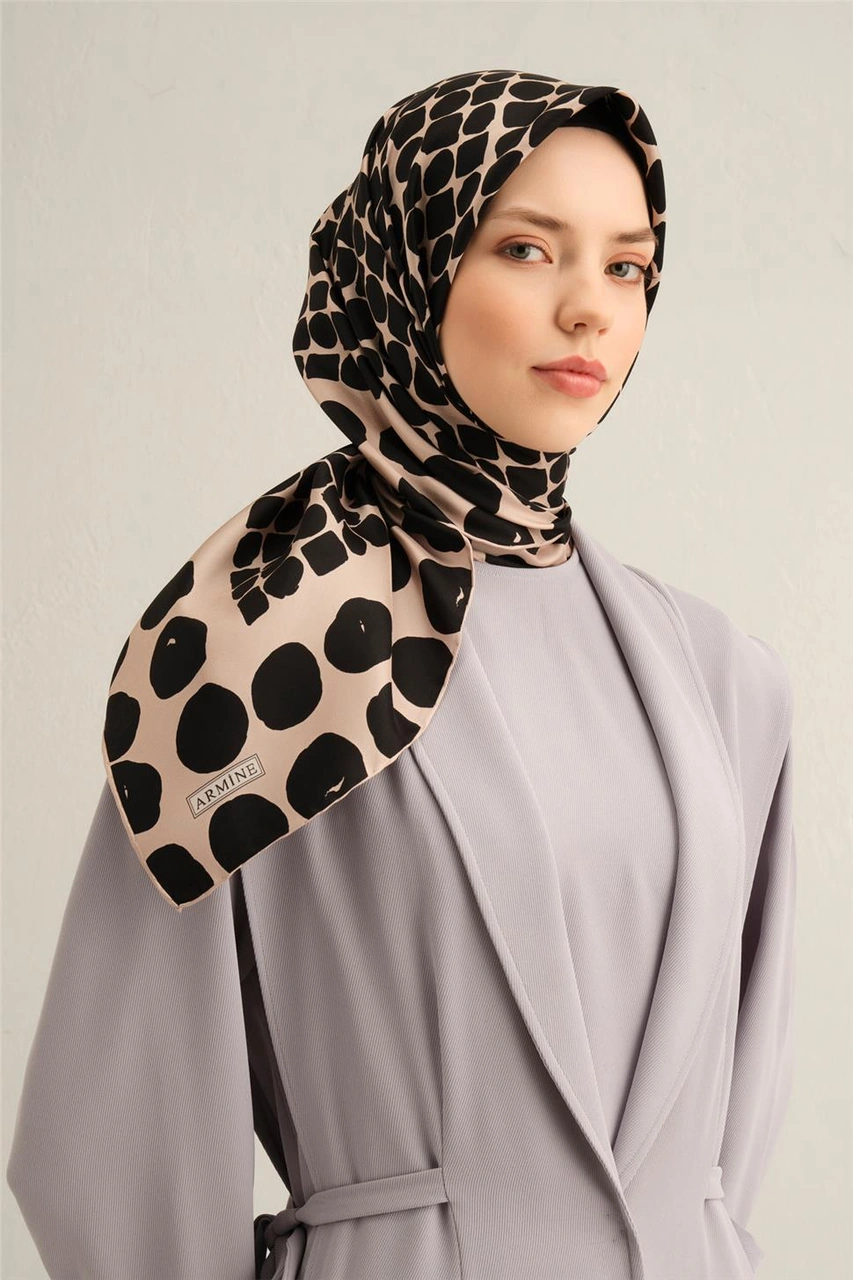 Armine Geometrik Desenli Saf İpek Twill Eşarp 9354d 86 Vizon