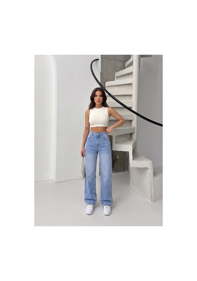 Kene Jeans Taş Yıkama Yüksek Bel Straight Denim Pantolon Taş Yıkama