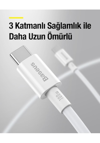 Baseus 1 Metre 5a 100w Ultra Hızlı Type C To Type C Şarj Ve Data Kablosu, Süper Dayanıklı, 480mbps