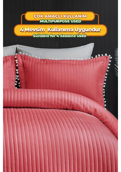 Evlen Home Ponponlu Çift Kişilik %100 Pamuk Yatak Örtüsü Pike Takımı Kırmızı