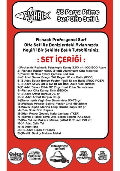 Fishack 38 Parça Surf Prime Deniz Olta Seti L - 3.60mt / 100-200gr
