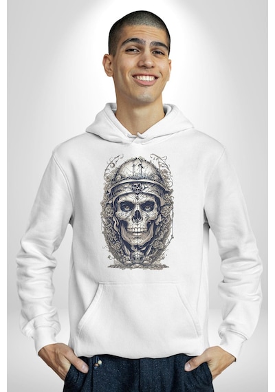 Kask Miğfer İskelet Asker Kadın Erkek Beyaz Kapüşonlu Sweatshirt Hoodie Beyaz