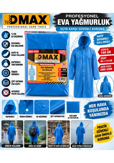 Dmax Profesyonel Yağmurluk Ebat : 66 X 115 Cm Ağırlık:150 Gram Su Geçirmez Kapşonlu Çift Katman Önden Düğmeli Mavi Dmax Profesyonel Yağmurluk Ebat : 66 X 115 Cm Ağırlık:150 Gram Su Geçirmez Kapşonlu Çift Katman Önden Düğmeli Mavi