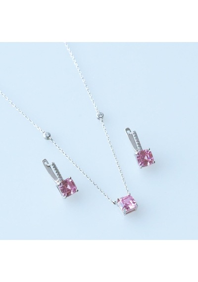 Pembe Zirkon Taşlı Prenses Kesim Gümüş Set Gümüş