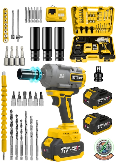 Steiner 21v 1100 Nm Kömürsüz Torklu Çift Akülü 10 Pilli 1/2 Sarı Şarjlı Somun Sıkma Sökme Makinesi + 38 Parça