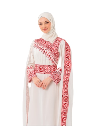 Zaytoon Eğimli Omuz Uzun Ve Açık Kollu Filistin Nakışlı Elbise M-3xl C100050 Beyaz