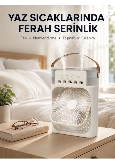 Taşınabilir 3'ü 1 Arada Mini Fan Nemlendirici + Soğutucu + Gece Lambası Yeni Nesil