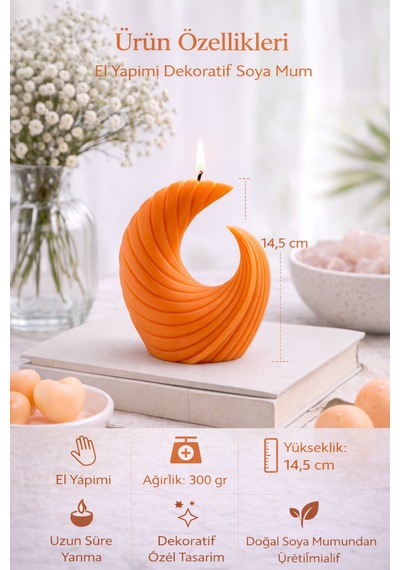 Dekoratif Lüks Soya Mum, El Yapımı Doğal Mum, Uzun Yanma Süreli Ev Hediyesi, Ev Süsü Turuncu 300 G Turuncu
