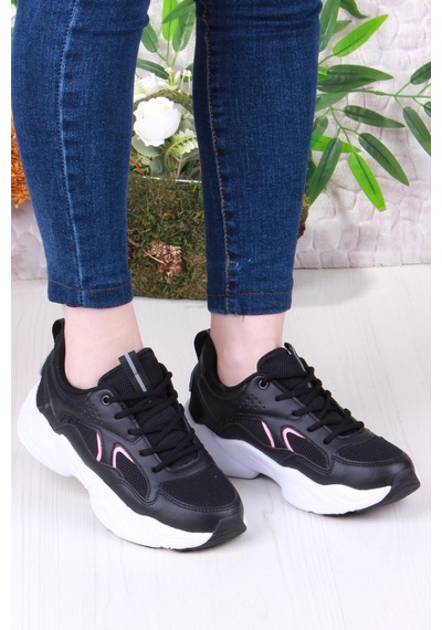 Fort 2107 Lmb Rahat Hafif Kalın Taban Sneaker Kadın Spor Ayakkabı Siyah - Pembe