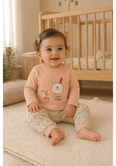 Ferasty İstanbul Kız Bebek Pijama Takımı Tavşan Desenli Pembe
